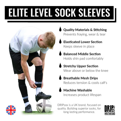 DRIPsox® Football Sock Sleeves - 3 Sizes for Kids, Men, Junior, Women (S:13C-3.5, M:4-7.5, L:8+) - Multiple Colours - 1 Pair (S) Black Football Sleeve Socks with Breathable Calf Comfort Mesh