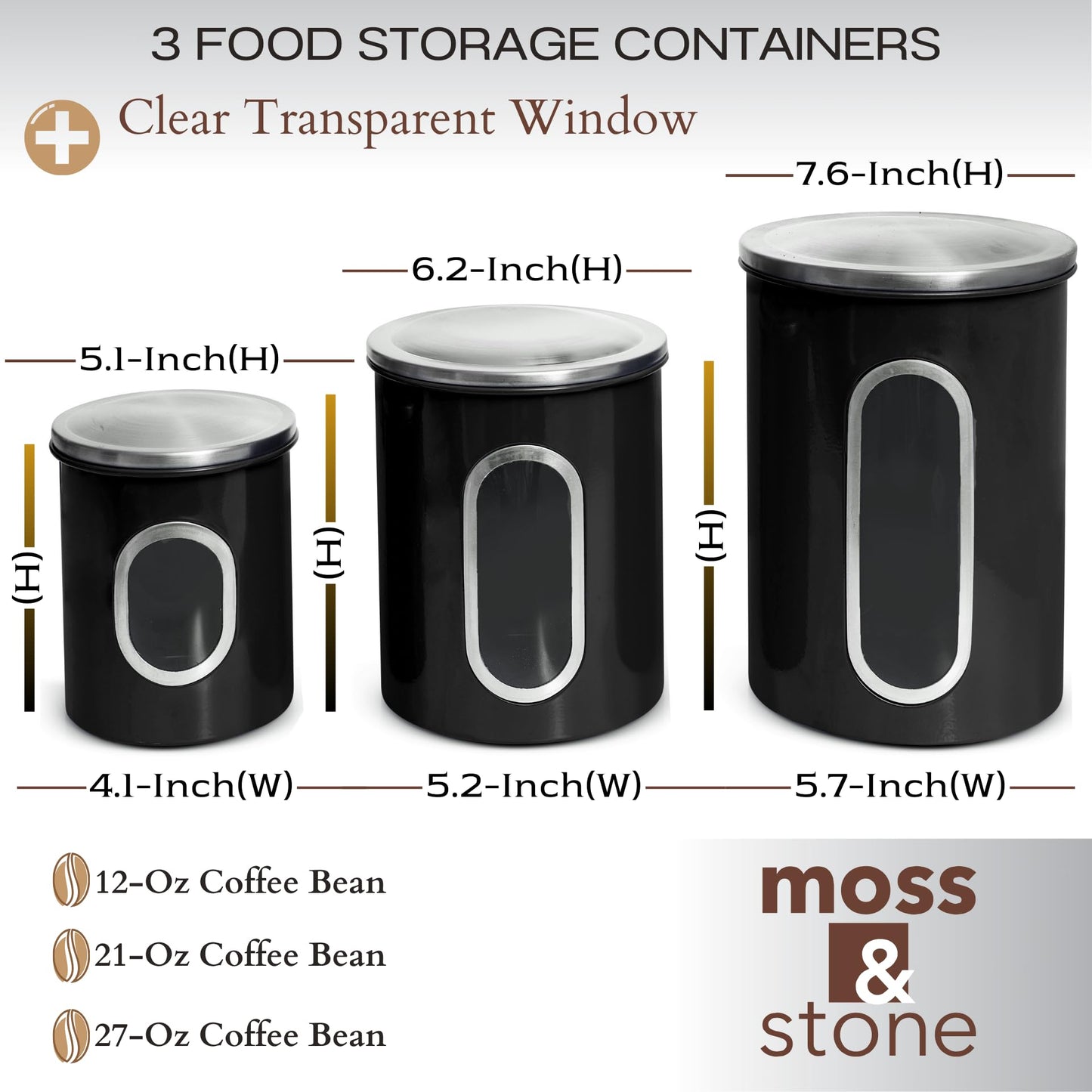 Moss & Stone 3-Piece Black Canisters Sets For The Kitchen, Airtight Canister Set With See Through Window, Storage Jars for Coffee Container, Tea Organizer & Sugar Canister, Black Kitchen Canisters