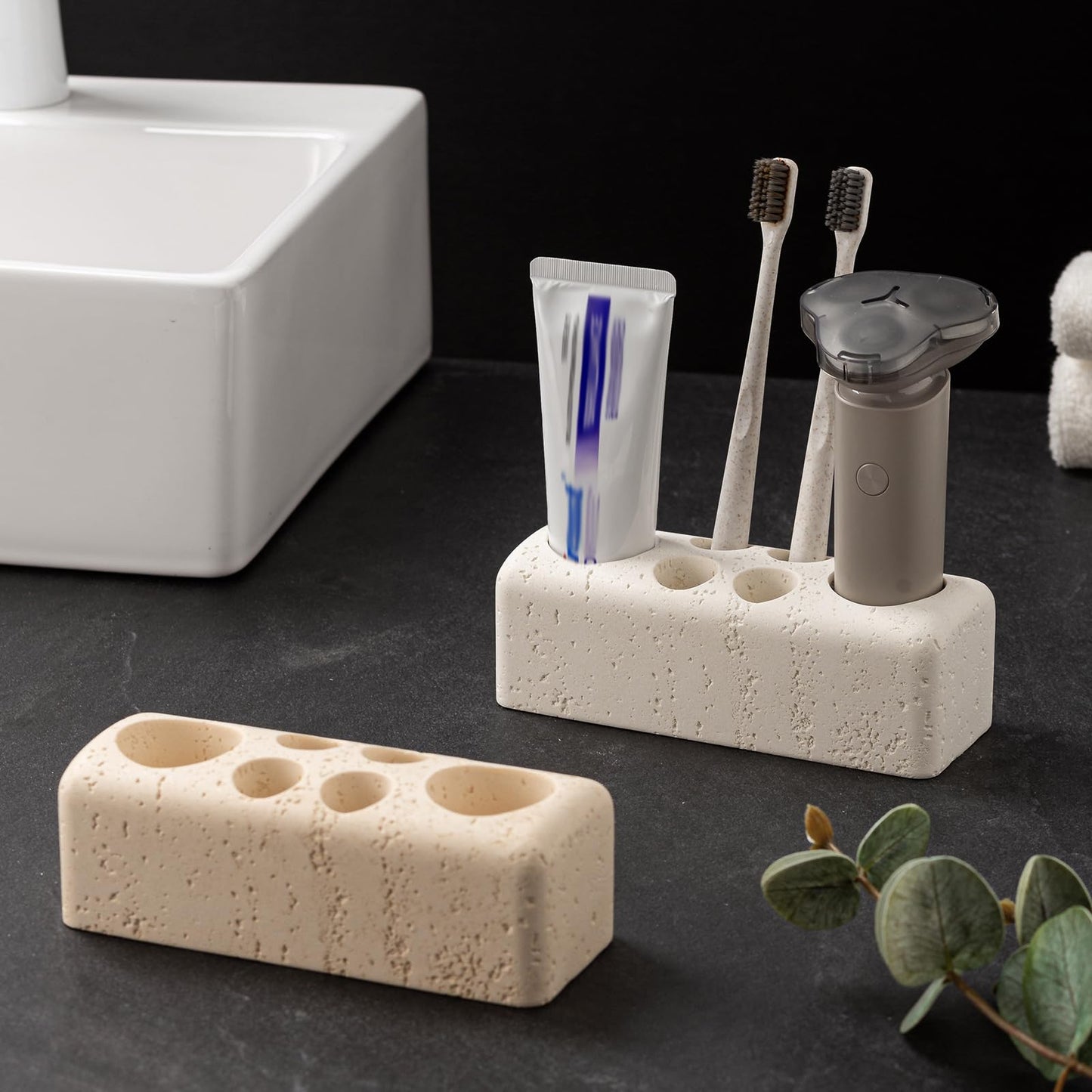 Haocoott Toothbrush Holder with 6 Slots, Bathroom Electric Toothbrush and Toothpaste Holder Set, Bathroom Organizer for Countertop, Shower, Vanity, Travertine Stone Look, Off-White