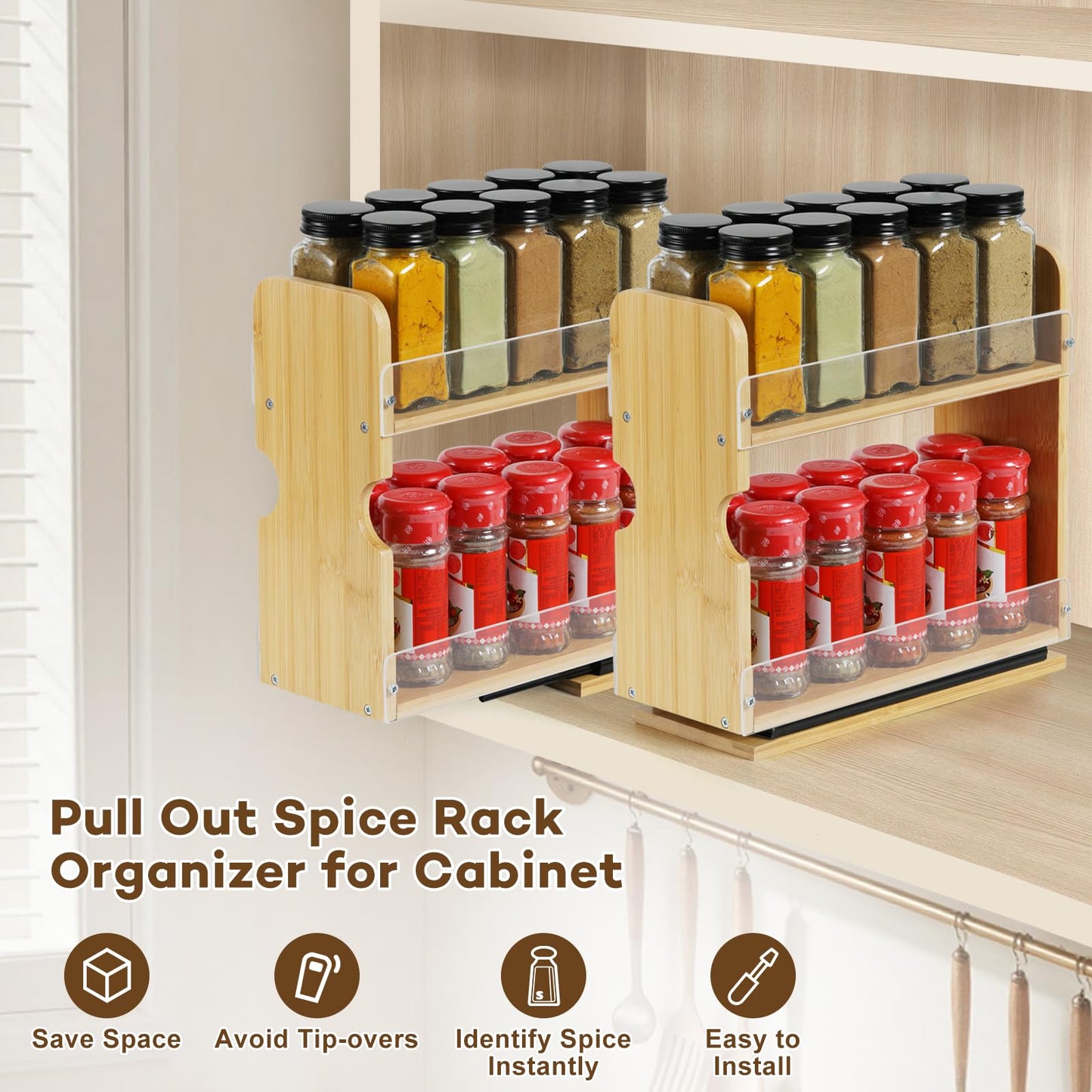 Memxike 2 Tier Pull Out Spice Rack Organizer, Bamboo Sliding Spice Rack for Kitchen Cabinet, (4.4" W x 10.6" D x 10.4" H) Spice Storage, Pantry Organization