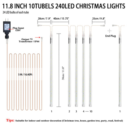 EEIEER Meteor Shower Lights Outdoor, 11.8 inches 10 Tubes 240 LED Snowfall Falling Rain Lights for Halloween Christmas Holiday Tree Home Party-White