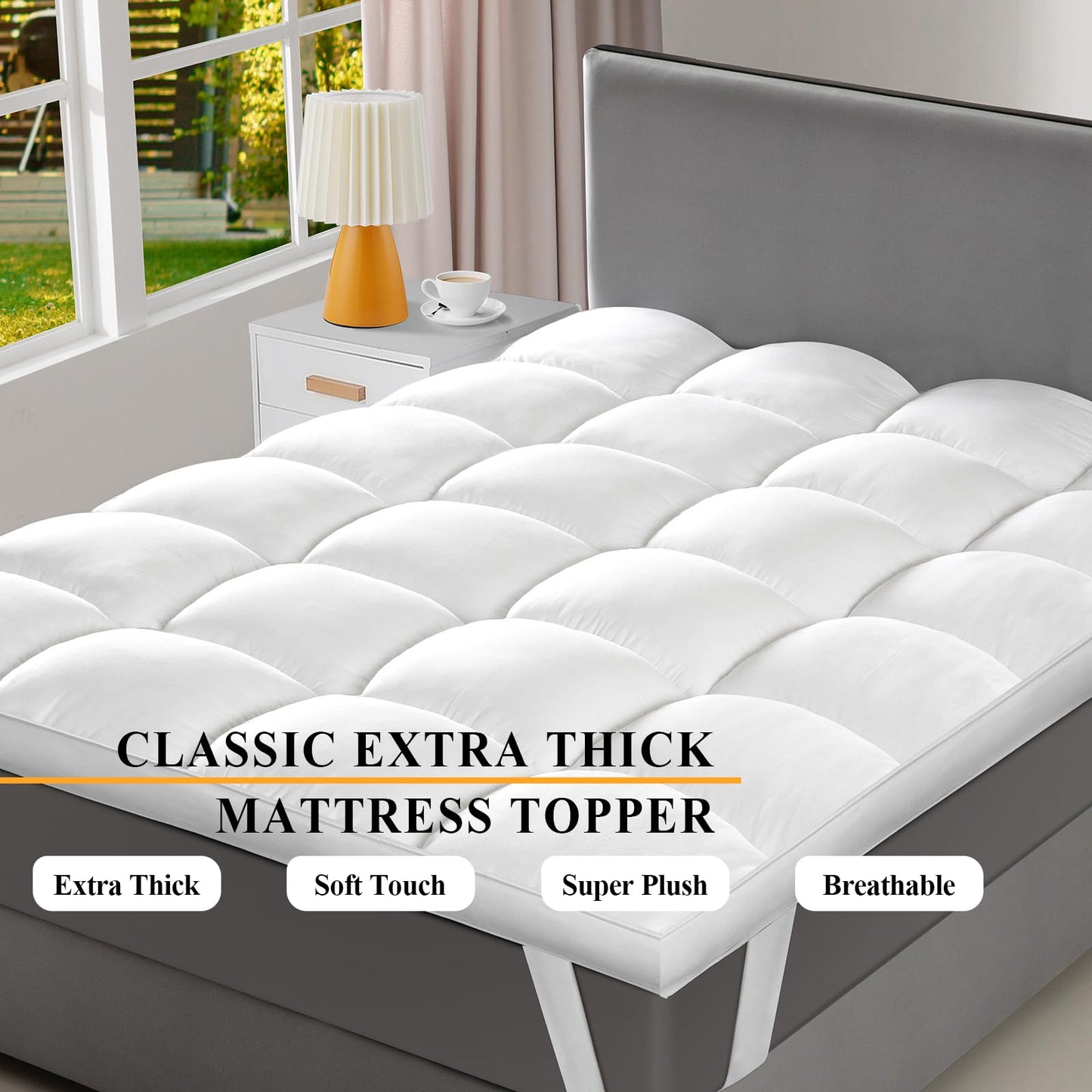 1400 GSM Extra Thick Queen Mattress Topper Cooling Pillow Top Mattress Topper Queen Size Bed, Plush Soft Down Alternative Mattress Pad with Elastic Straps, 6-22 Inches Deep, Back Support