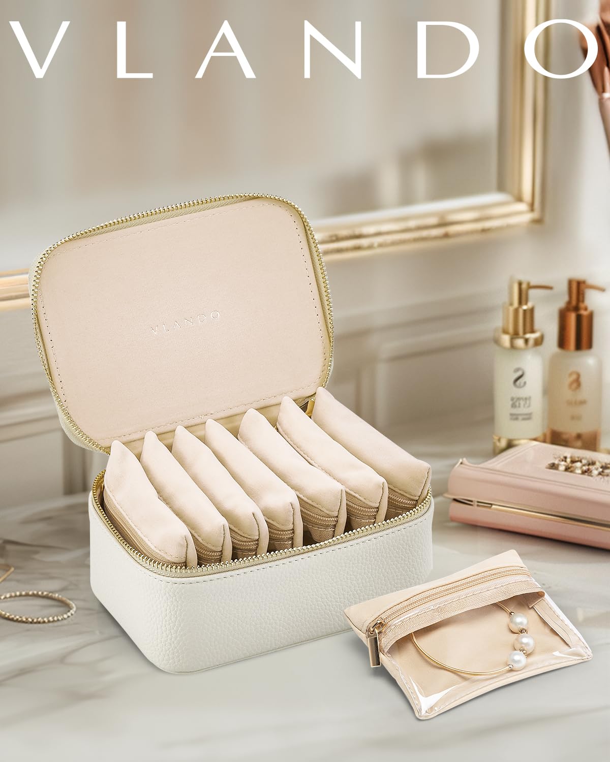 VLANDO Travel Jewelry Case with 8 Velvet Jewelry Bags Jewelry Travel Organizer Box for Girls Jewelry Box for Rings Earrings Christmas Anniversary Birthday Gifts for Women (White)