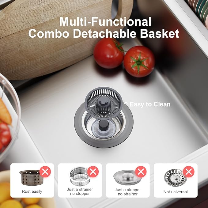 3 in 1 Kitchen Sink Drain Strainer and Stopper, 304 Stainless Steel Pop-up