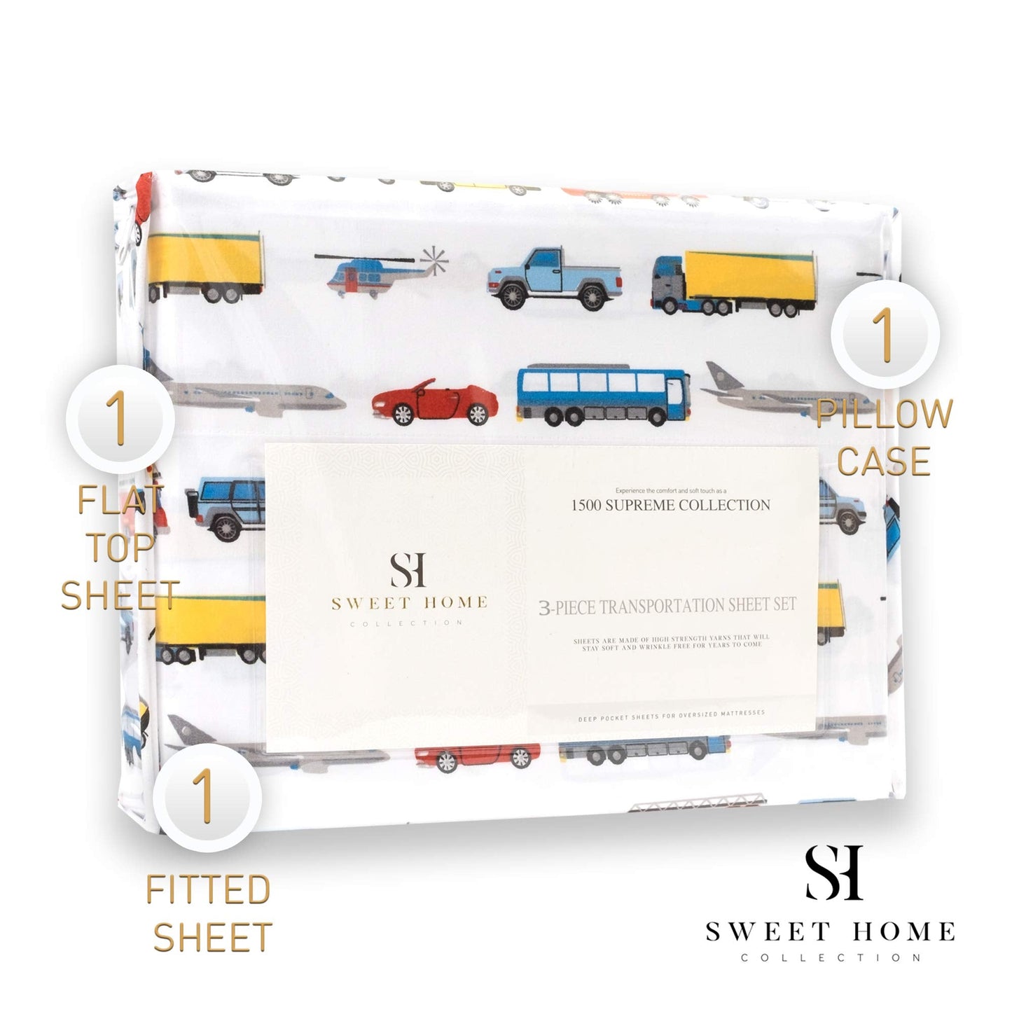 1500 Supreme Kids Bed Sheet Collection - Fun Colorful and Comfortable Boys and Girls Toddler Sheet Sets - Deep Pocket Wrinkle Free Soft and Cozy Bedding - Twin XL, Transportation