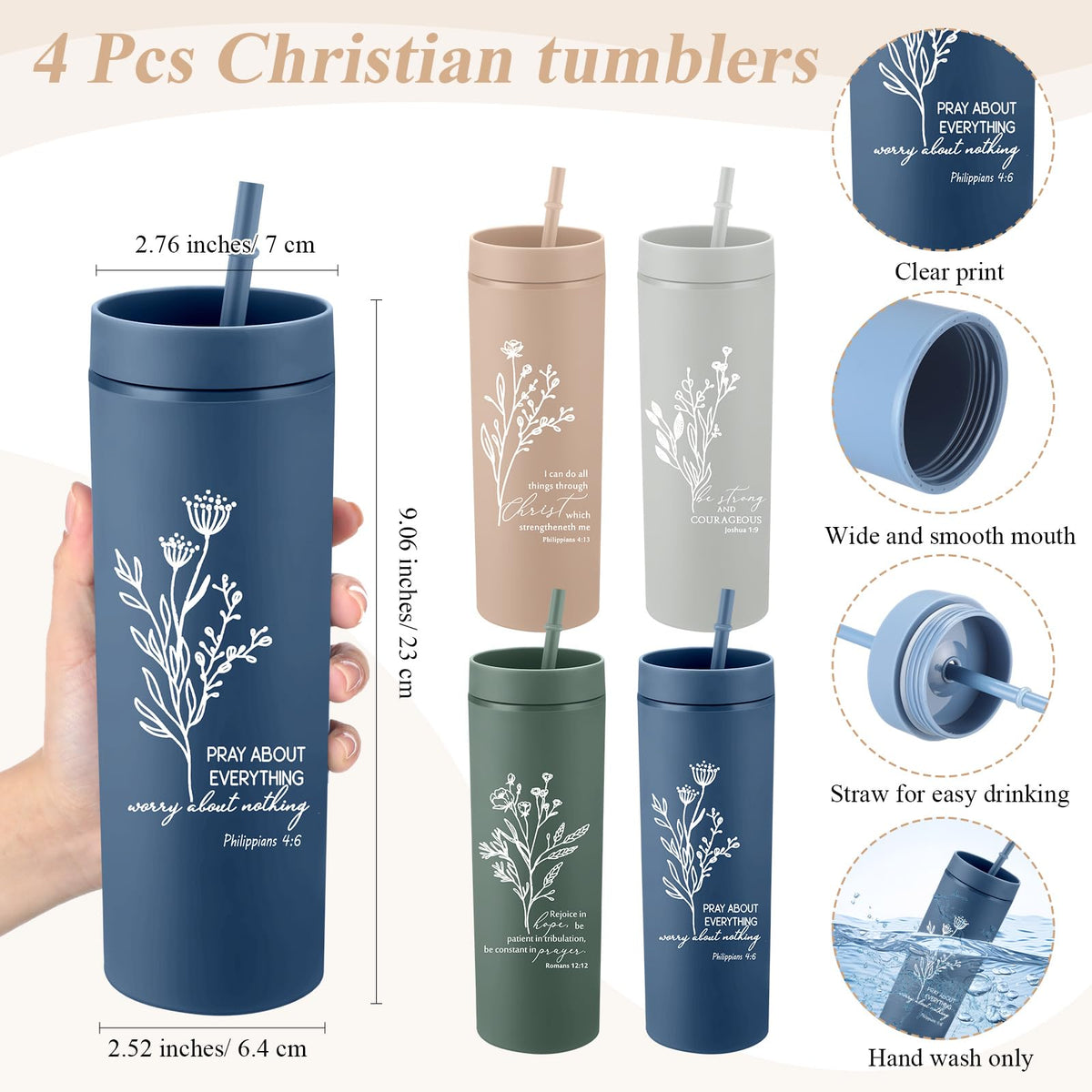 Fumete 4 Set Mothers Day Christian Gifts for Women 16oz Skinny Cup Religious Cosmetic Bag and Bible Verse Keychain Appreciation Church Gifts for Mom Grandma Teacher Dad(Classic Color,Floral)