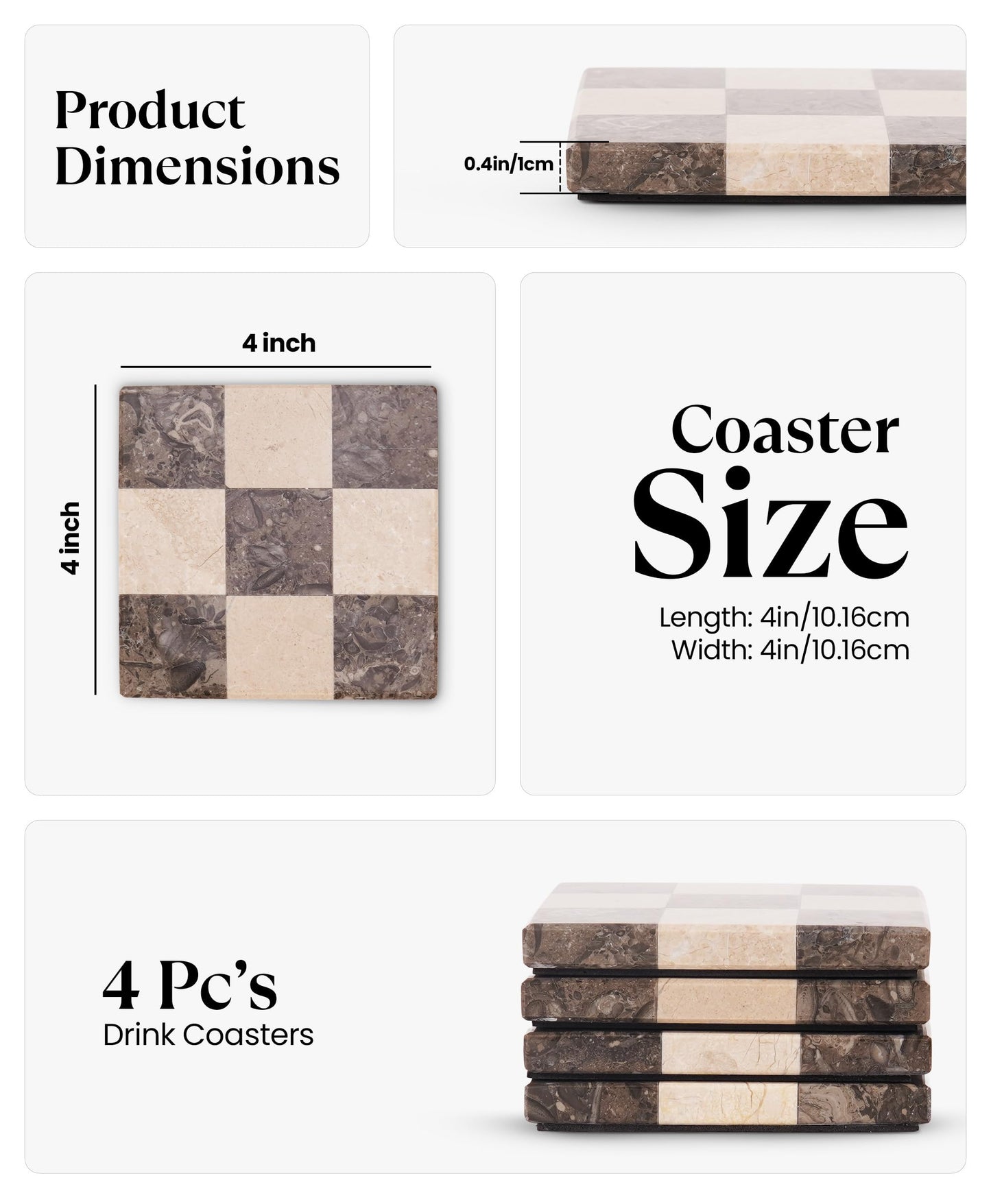 EarthenTones Marble Coasters Set of 4, Oceanic & Verona Handmade 4 inch Square Stone Coaster, Decorative Checkered Cup Coaster for Coffee Table, Housewarming Gift & Luxury Kitchen Accessories