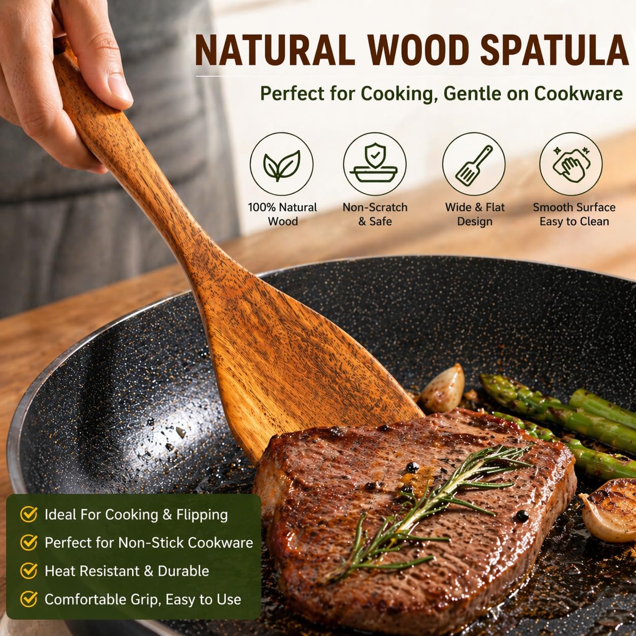 Wooden Spatulas, 2 PCs Natural Acacia Wooden Cooking Utensils Set for Non-stick Pan Kitchen Tool, flipping and Wok Spatula, Wooden Spoons & Spurtle for Cooking