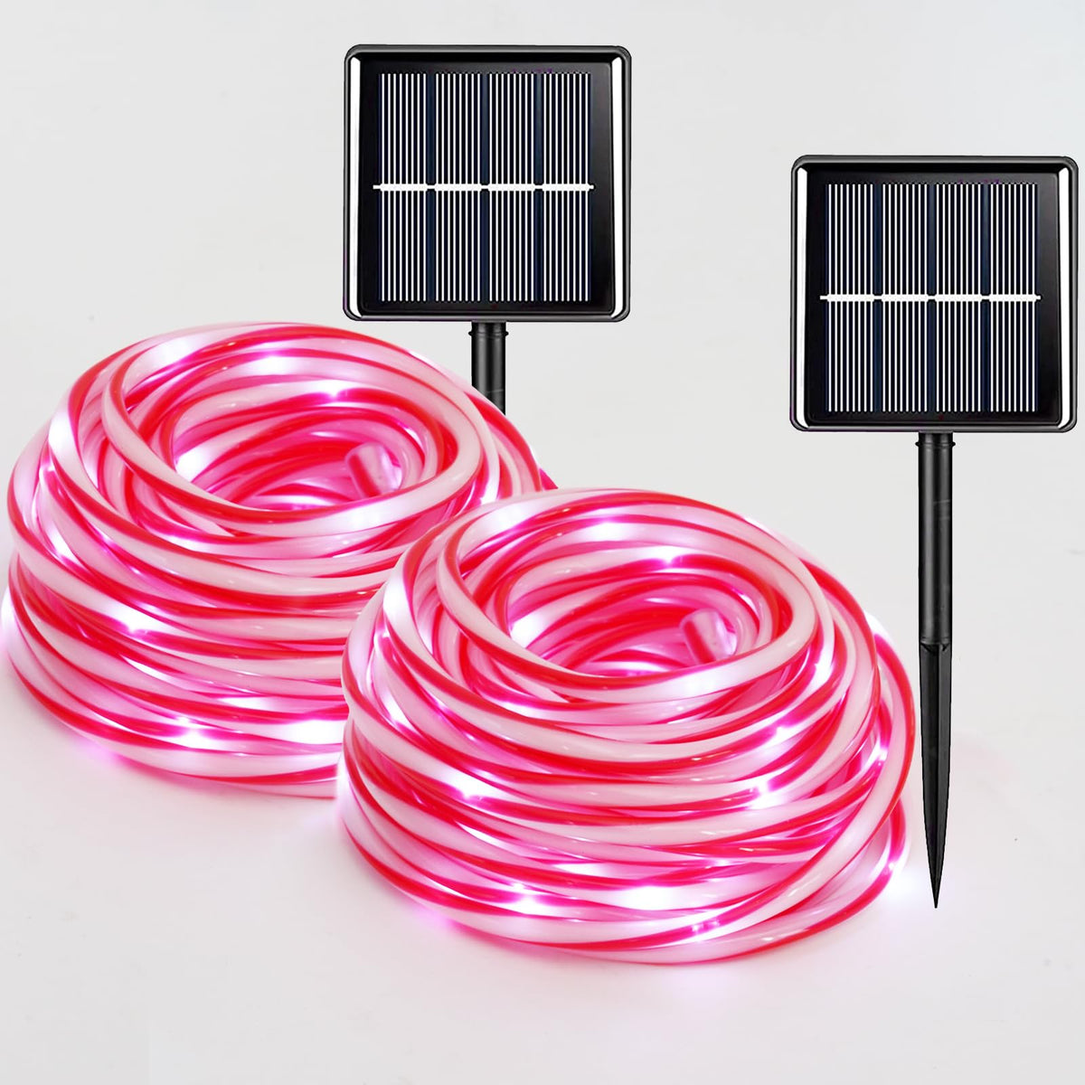 QITONG Solar Christmas Lights, 2 Pack Each 33ft 100 LED Red & White Candy Cane Rope Light Outdoor Waterproof, 8 Modes Fairy Lights in Clear Thin Tube