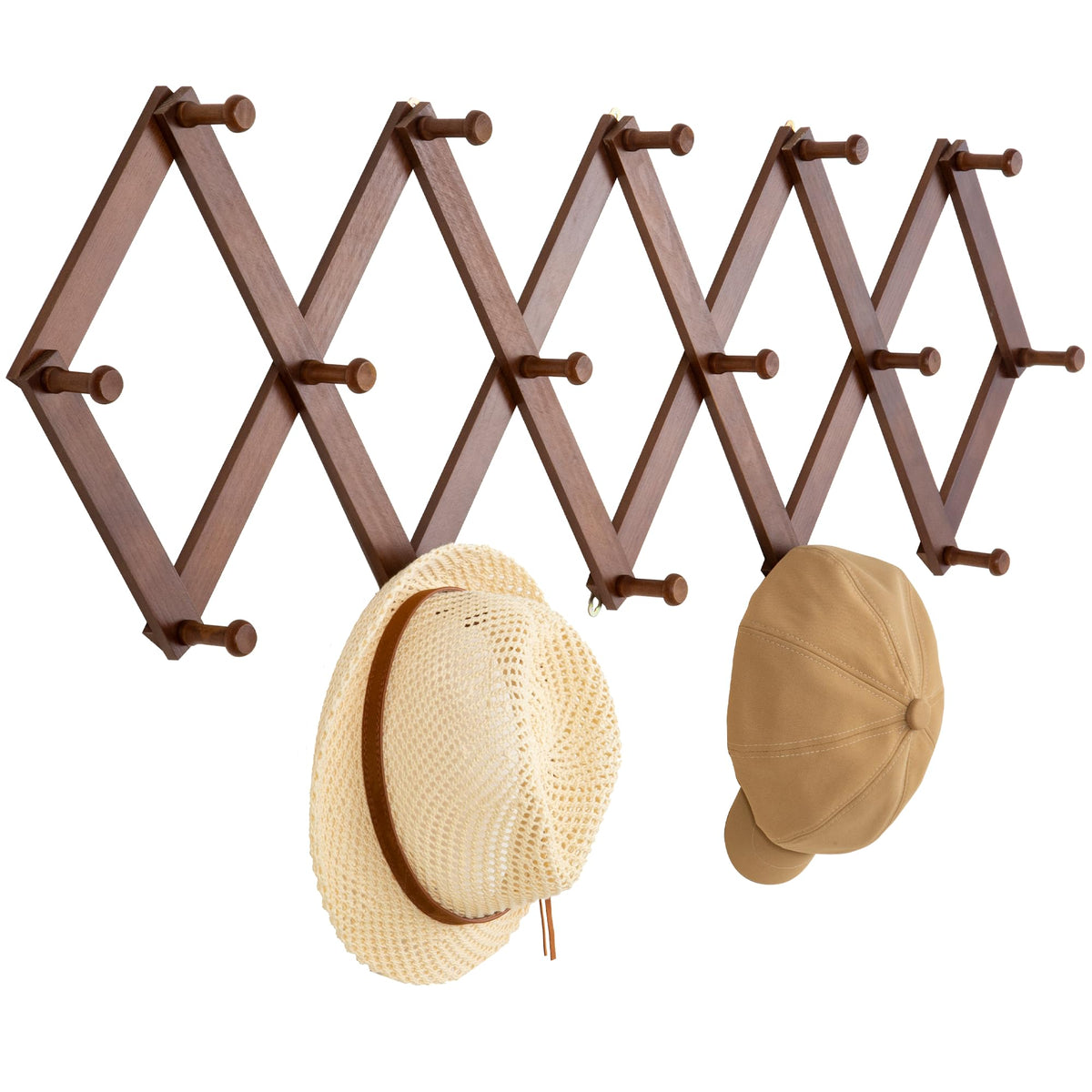 Cozcty Accordion Wall Hanger, Wooden Hat Rack for Wall with 16 Hooks, Expandable Peg Hat Hanger Organizer, Decorative Coat Rack Hanging Baseball Caps, Bags, Scarves (Walnut)