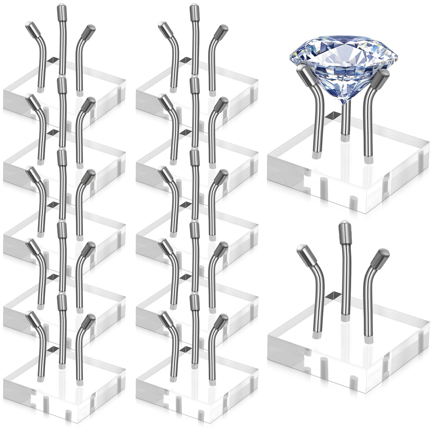 AOZUO 12 Pack Rock Display Stands, Stainless Steel 3 Pegs Rock Display Easel Stands, Clear Acrylic Base Display for Fossil Coral Crystal Geodes Mineral Agate Small Collectibles