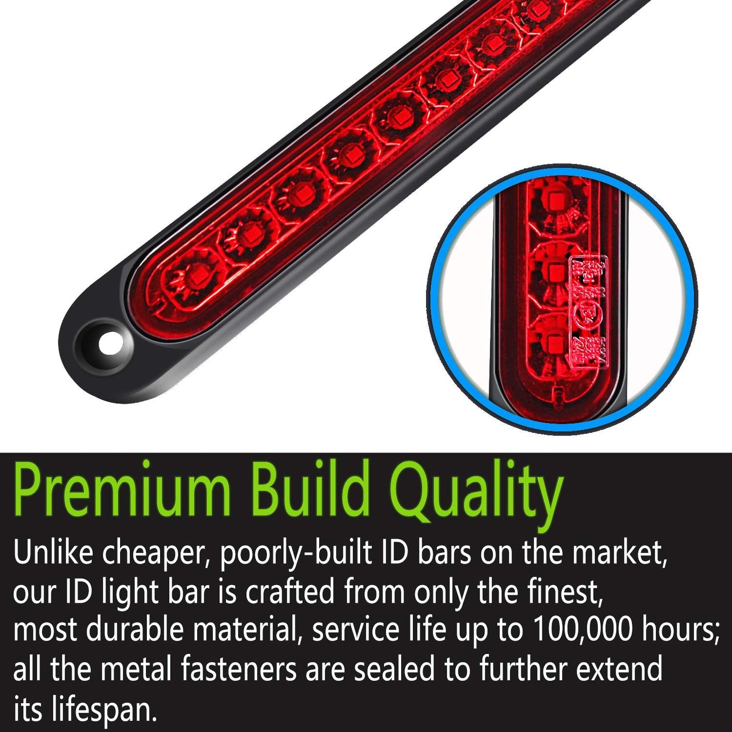 2 Pack 10" 15 LED Trailer Identification Light 9 to 30-volt, LED Stop Turn Tail Light Assembly Third Brake Bar Strip Truck Rear Marker Light IP67 Waterproof for Heavy Duty Marine Boats Trucks Pickups