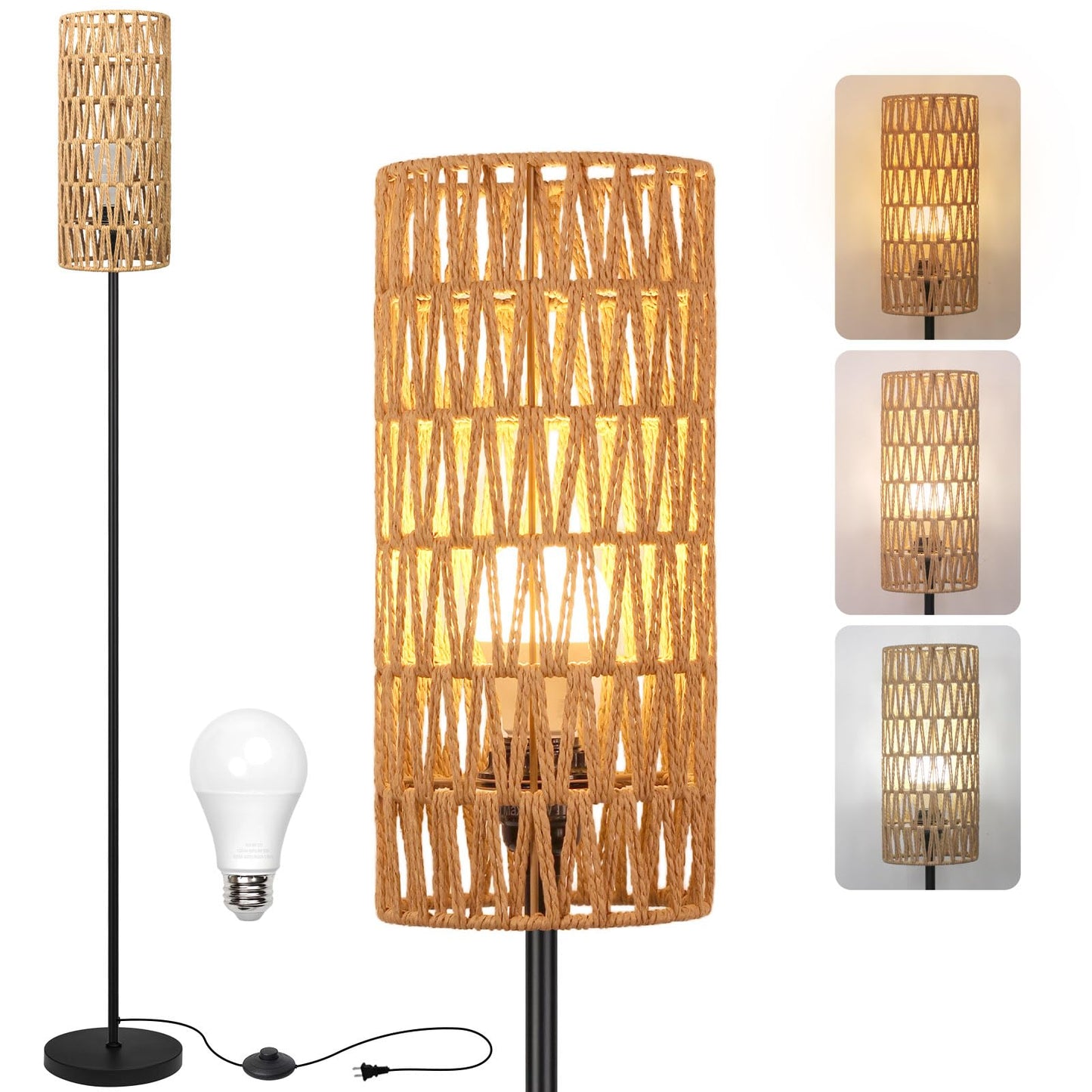 Ruiever Floor Lamp for Living Room,Farmhouse Rattan Floor lamp,Modern Standing lamp with Hand-Worked Rattan Shade,Black Tall Lamp with Foot Switch for Bedroom,Kids Room,Office,LED Bulb is Included.