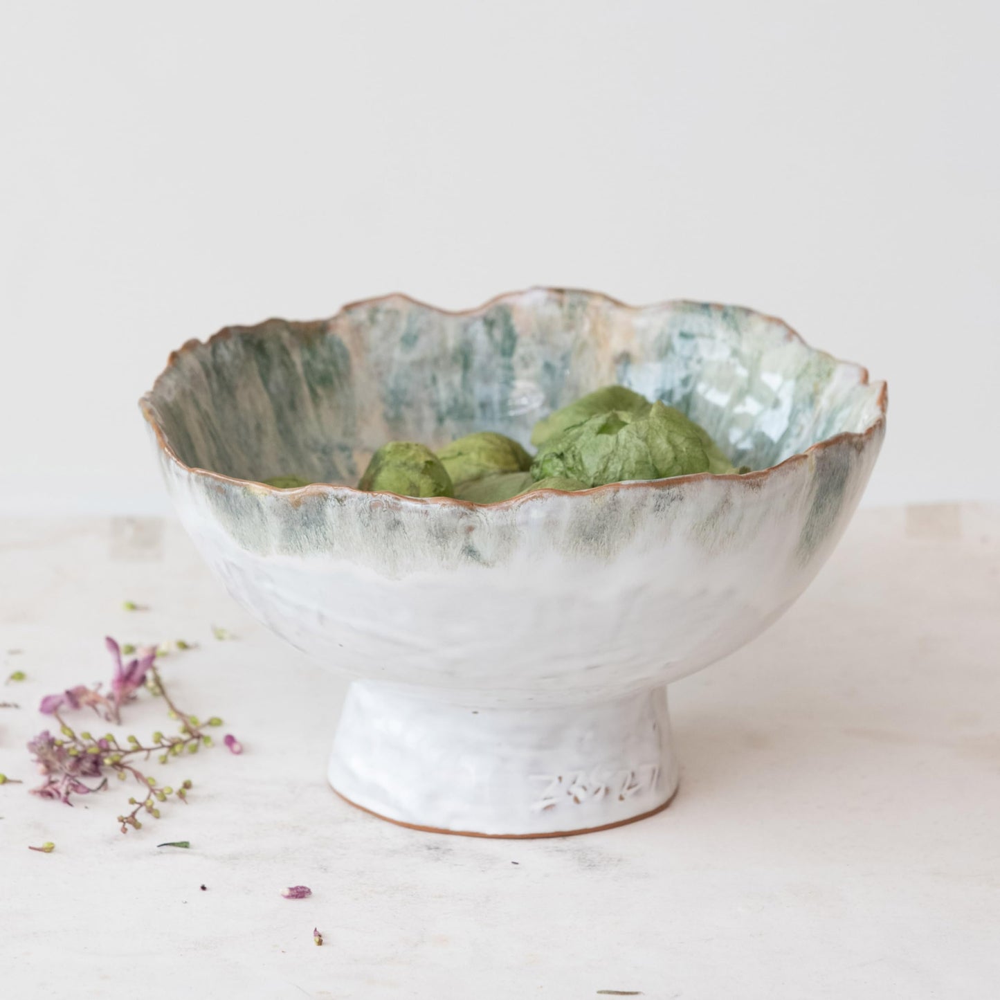 Creative Co-Op Large Stoneware Footed Bowl with Speckled Glaze, Green and Brown