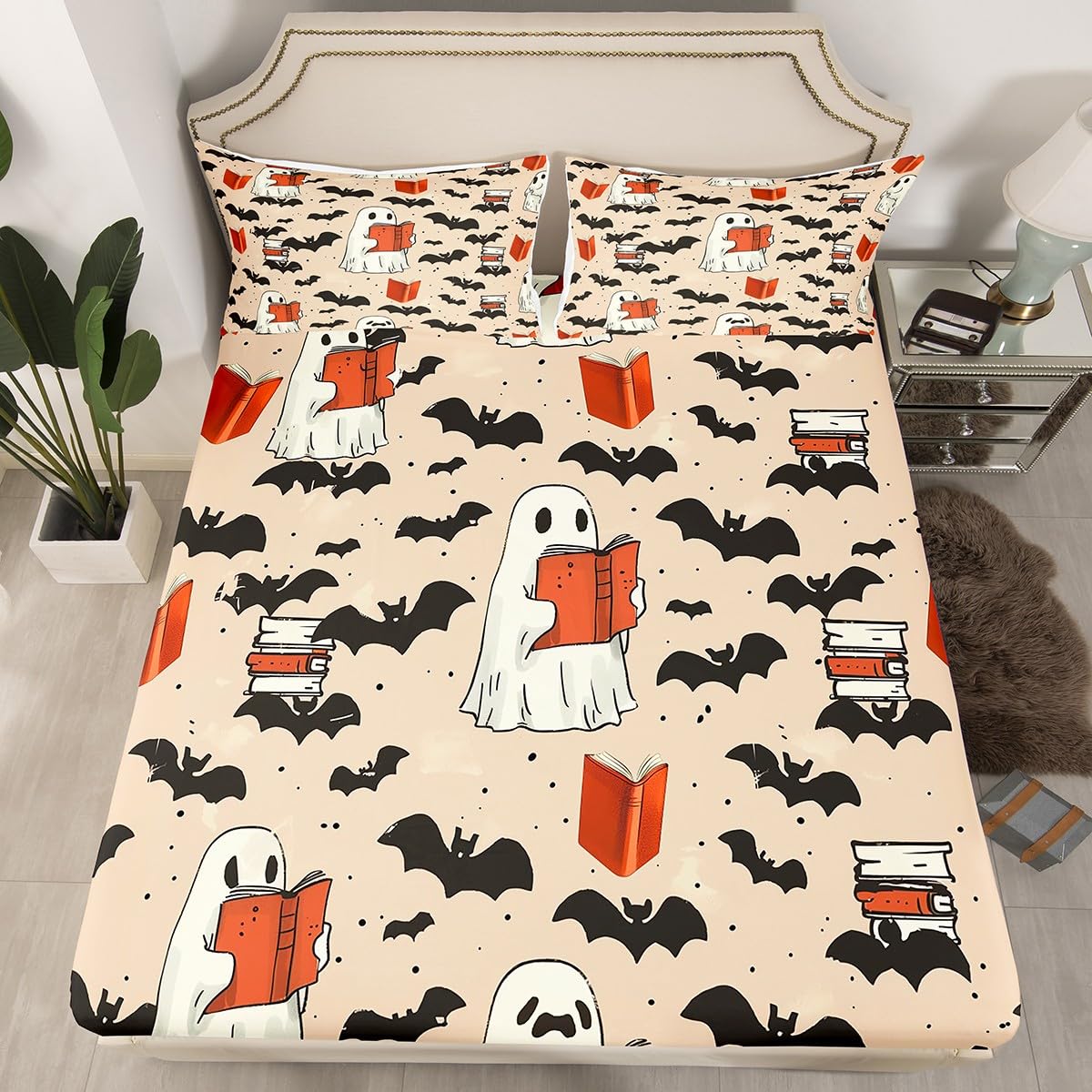 jejeloiu Halloween Decor Bed Sheets Sets Twin Size Kids Boys Girls Cartoon Ghost Bedding Set Bats Bed Sheet Set with 16-Inch Deep Pockets Spooky Halloween Decorations 3Pcs with 1 Pillow Cases