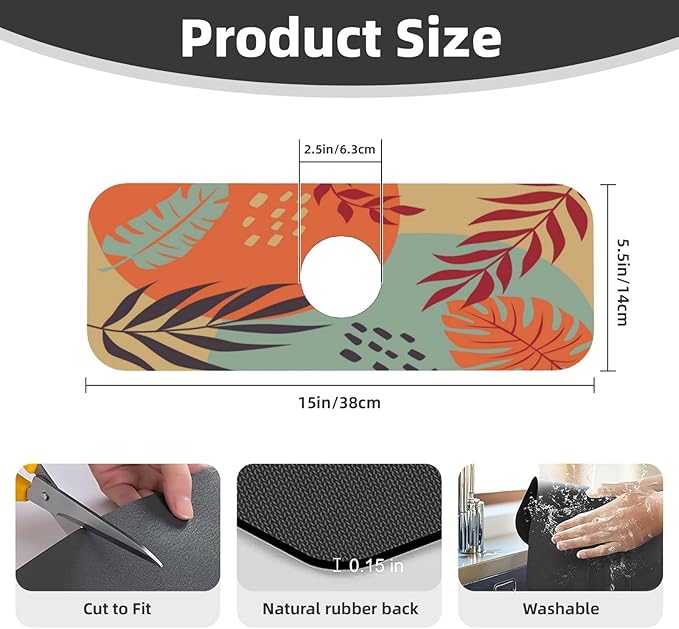 Boho Bohemian Abstract Floral Leaves Kitchen Sink Splash Guard Faucet Mat Super
