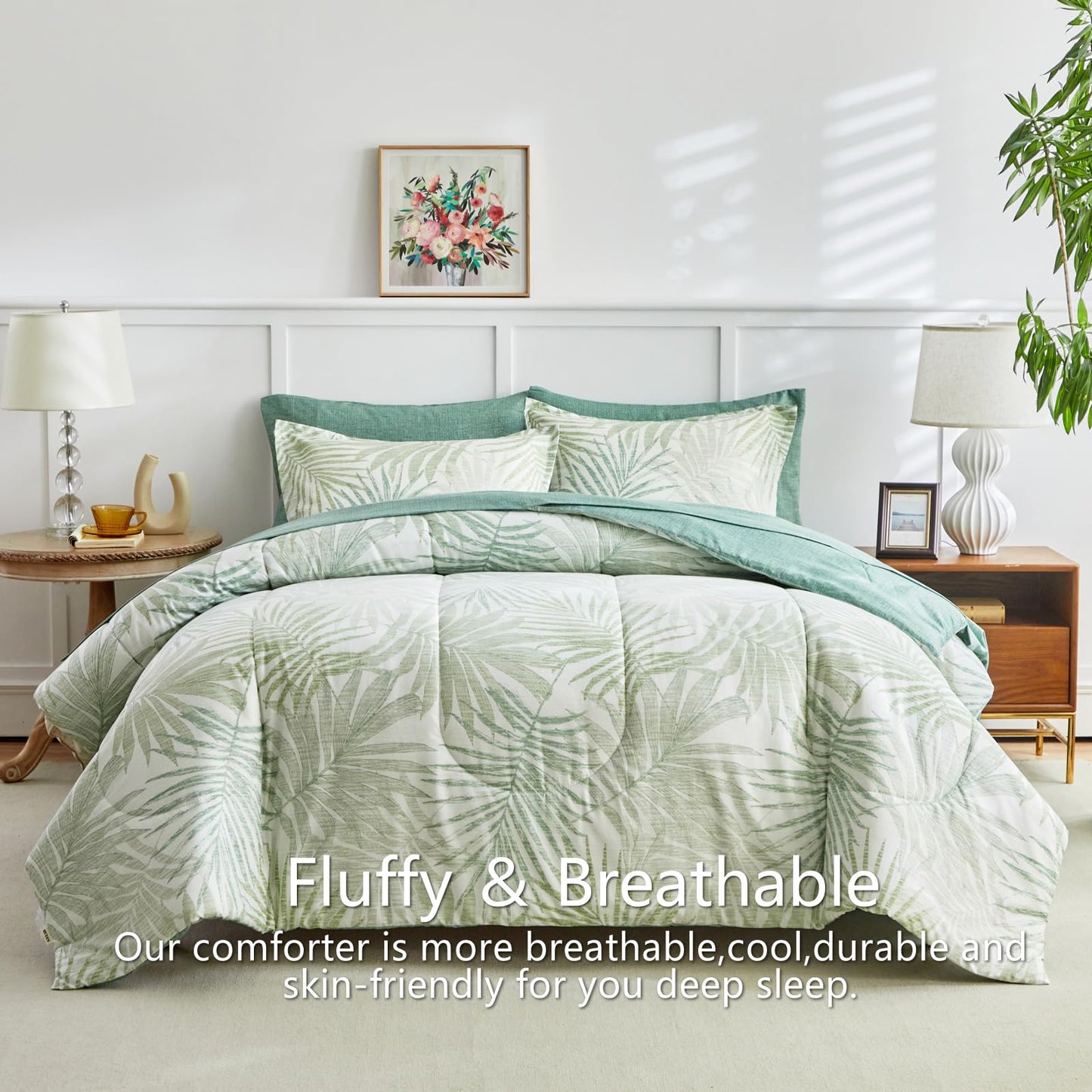 AIKASY Blue Green Queen Comforter Set with Sheets,Bed in a Bag 7-Pieces,Palm Tree Totem Printing Design,Ultra Soft Down Alternative All Season Bedding Set(Queen, Blue Green)