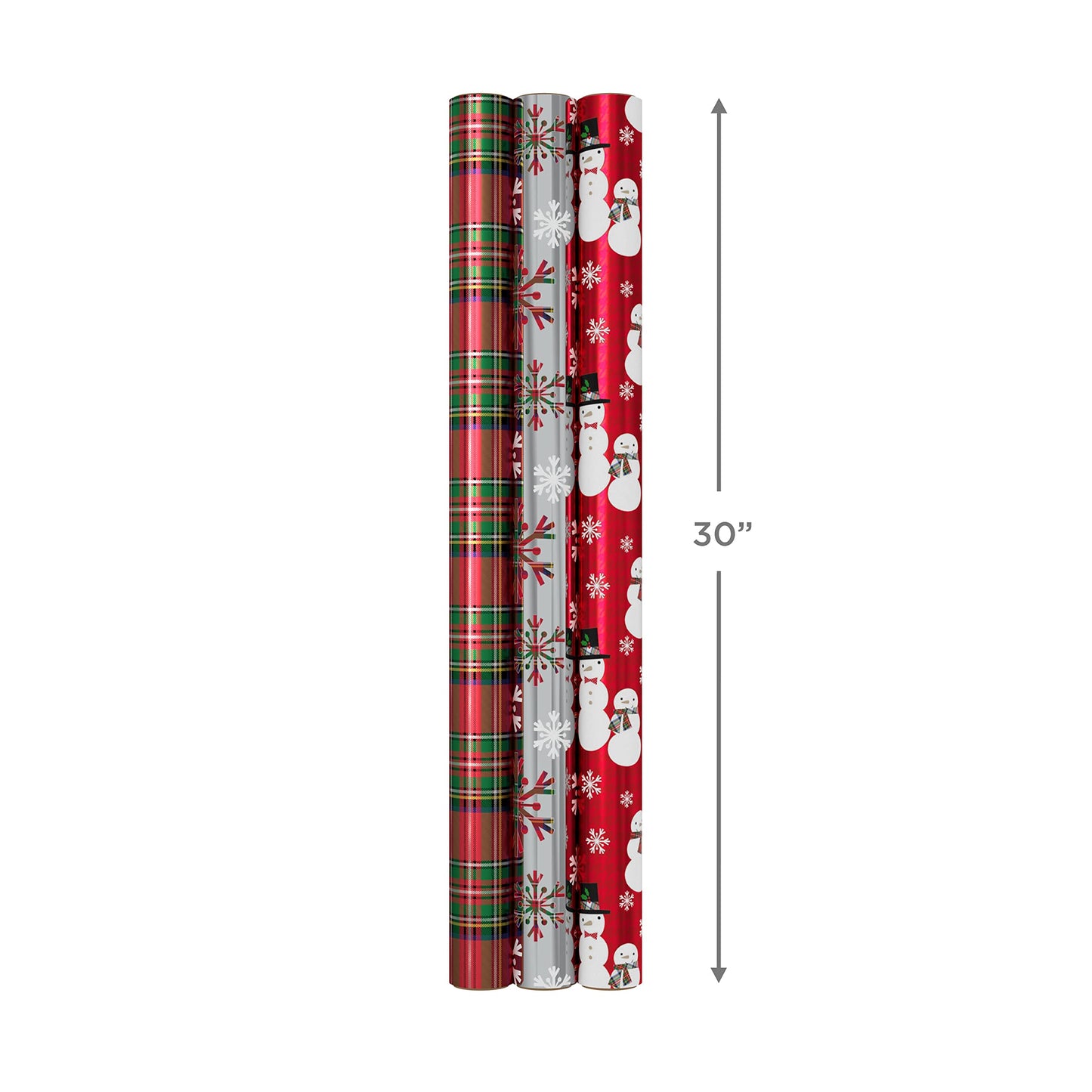 Hallmark Foil Christmas Wrapping Paper with Cut Lines on Reverse (3 Rolls: 60 sq. ft. ttl) Plaid Snowflakes, Snowmen, Red, Green and Blue Plaid