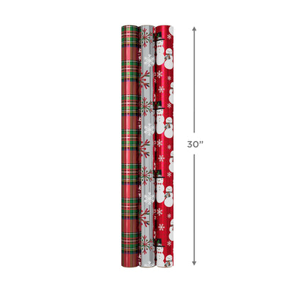 Hallmark Foil Christmas Wrapping Paper with Cut Lines on Reverse (3 Rolls: 60 sq. ft. ttl) Plaid Snowflakes, Snowmen, Red, Green and Blue Plaid