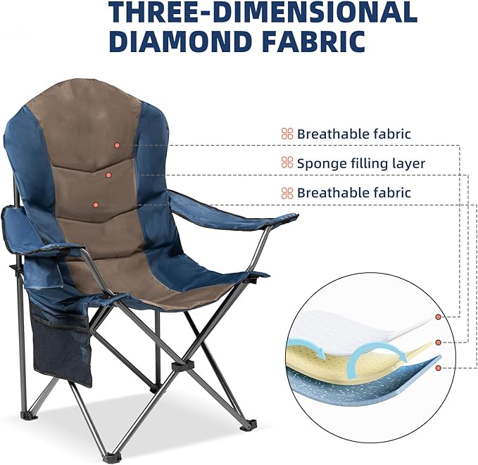 2 Pack Folding Camping Chairs for Adults - High Back Padded Outdoor Lawn Chairs with Lumbar Support & Cup Holder, 400lbs Heavy Duty Portable Camping Chairs Set (Blue & Brown, 2 PCS)
