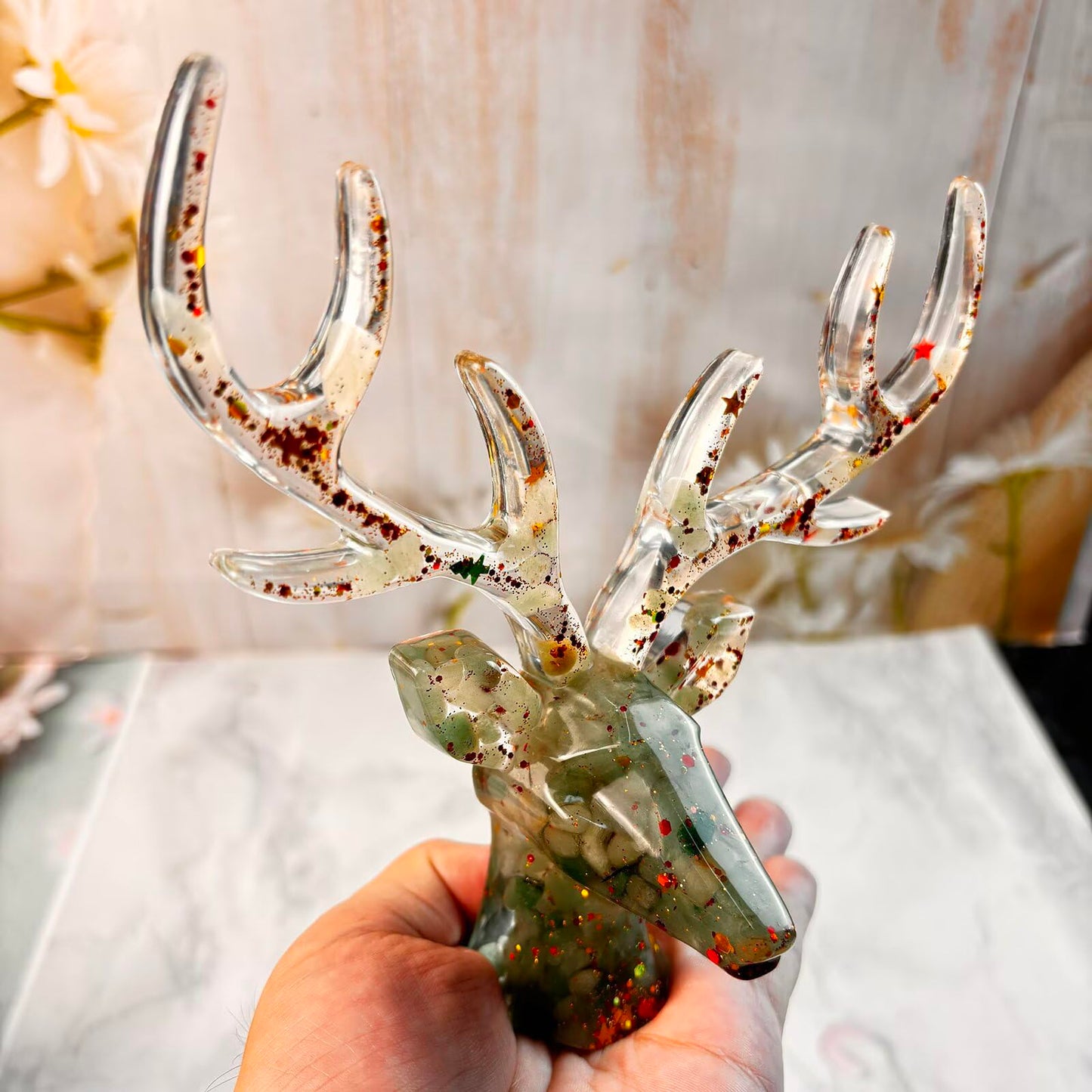 CaxyKyx Deer Head Statue Crystal Stone Small Collectable Animal Figurines Shelf Table Decor Great Gift Green Aventurine