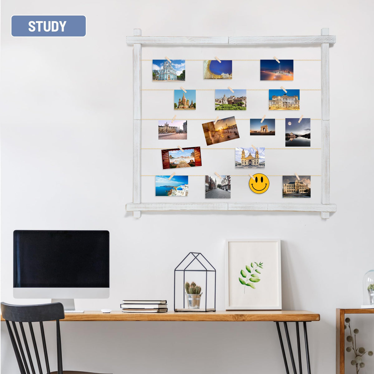 Wood Picture Frames Collage,Photo Display With 30 Clips,Hanging Picture Board Wall Decor for Dorm Graduation Letter Postcard Greeting Card Organizer,Pine,Adjustable Bead String,2 Pack,(Rustic White)