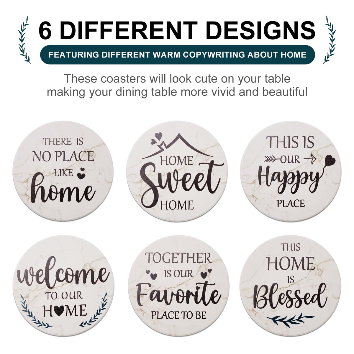 Housewarming Gifts for New Home Coasters Farmhouse Coffee Table Decor Set of 6 Pack Ceramic Cup Coaster Modern House Warming Gift Decorations Coster Cute Marble Drink Coasters Set