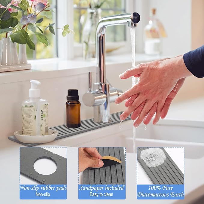 Stone Faucet Mat for Kitchen Sink- 23.6''x 3.9''Diatomite Fast-Drying Faucet Mat