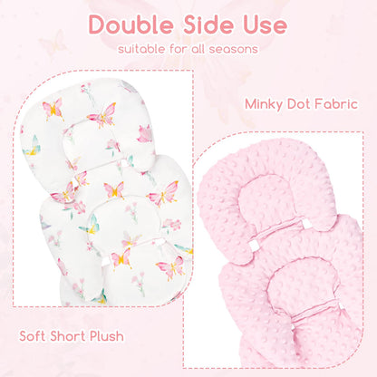 Infant Car Seat Insert for Newborn Girls Boys, Reversible Baby Carseat Head Support with Strap Pads, Soft Baby Car Seat Insert Cushion Pad for Stroller, Bouncer, Swing, High Chair, Pink Butterfly