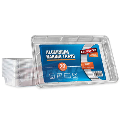Aluminium Foil Trays Containers for Baking Cooking Freezing and Storing Tray Size 32cm x 20cm x 3.3cm (20 Pack)