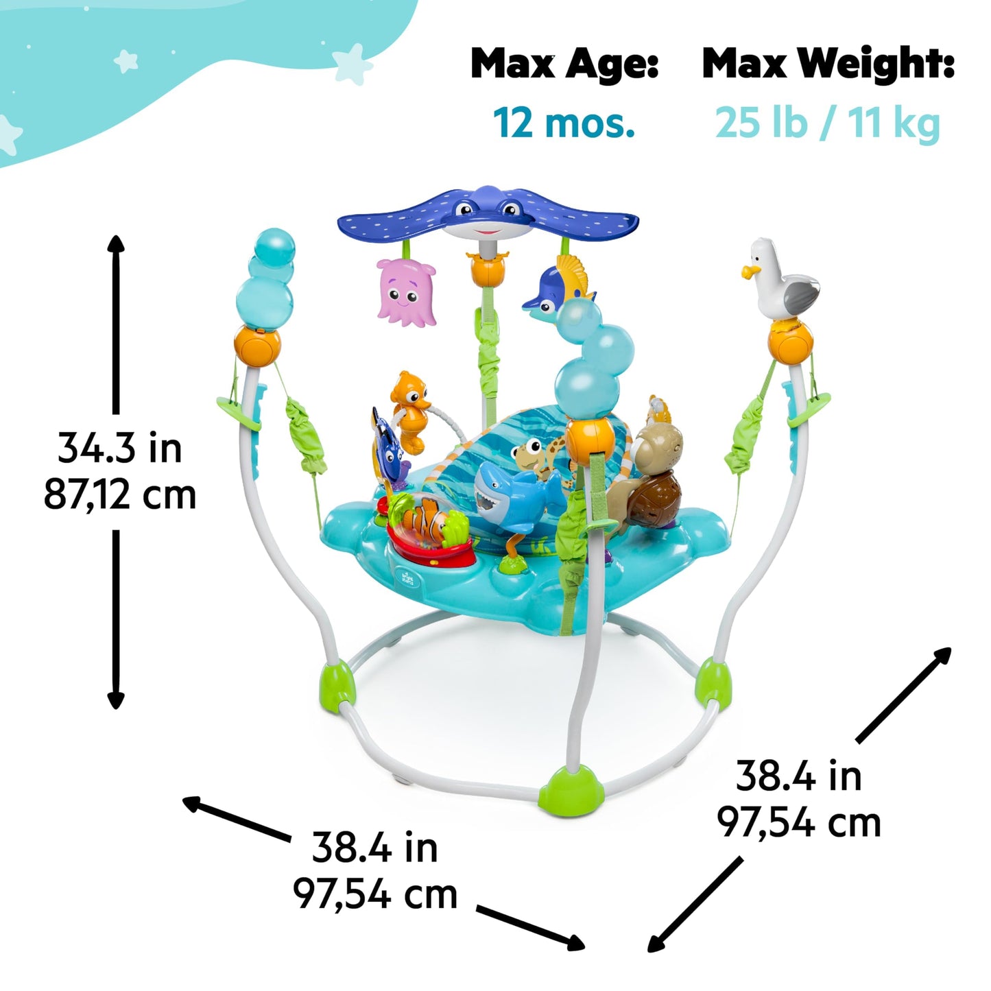 Bright Starts, Disney Baby, Finding Nemo Sea of Activities Jumper, Activity Centre with 13 Activities, Lights, Music and Ocean Sounds, Adjustable Height, 360° Rotation, Ages 6 Months +