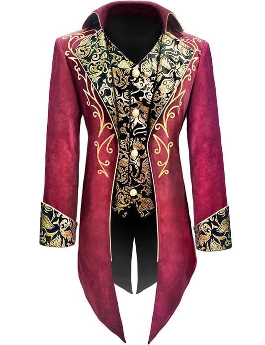 AIBEIX Mens Steampunk Medieval Jacket Gothic Victorian Frock Coat Uniform(Gold Edge-red,XX-Large)
