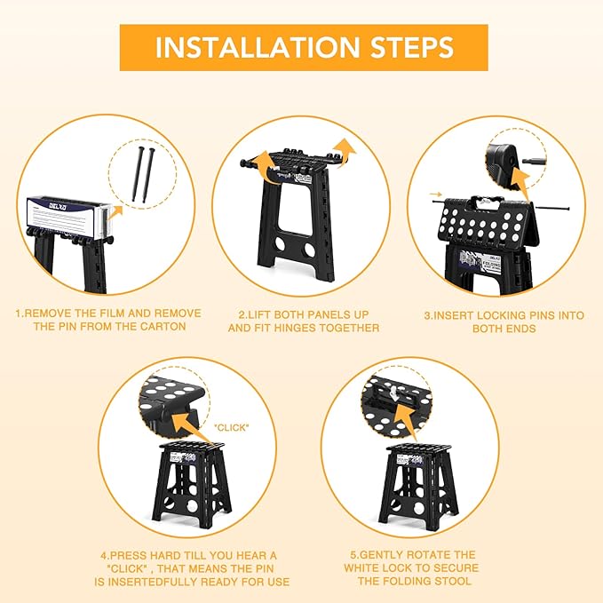 Delxo 16 Inch Folding Step Stool,Foldable Stool for Adults with Safety Lock,Portable Collapsible Plastic Stepstool,Non Slip Folding Stools for Kitchen Bathroom Bedroom Up to 400LBS,(Black 1PC)