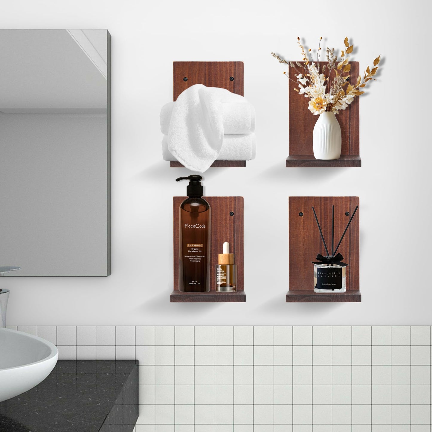 Small Wall Shelf Modern,Wooden Mini Floating Shelves,Indoor Wall Mounted Plants Shelf L Shaped,Midcentury Display Decorative Holder for Gallery Living Room Bedroom Porch,Pine,4 Pack(Rustic Walnut)