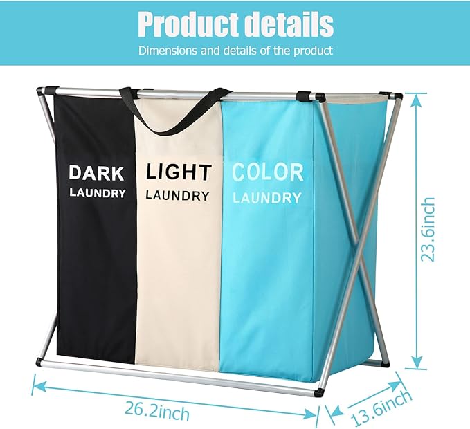 Laundry Cloth Hamper Sorter Basket Bin Foldable 3 Sections