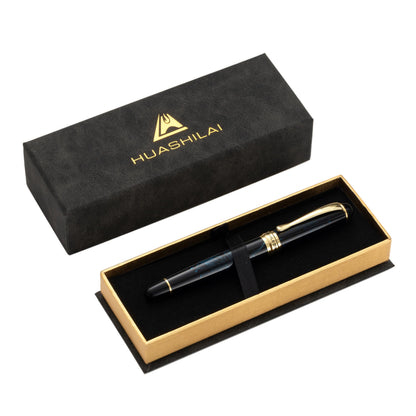 HUASHILAI Luxury Metal Rollerball Pen Set – Stainless Steel Barrel, Cool Fine Point Pen with Gift Box & 2 Extra Refills – Premium Business & Signature Pens for Men & Women (Black with Blue Fireworks)