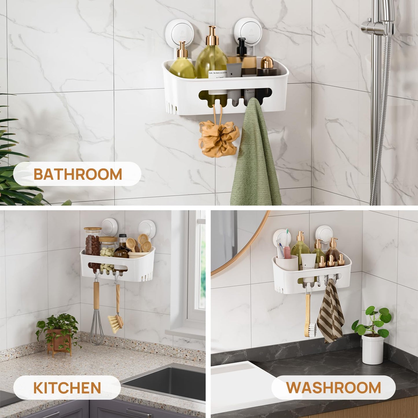 LEVERLOC Shower Caddy Suction Bathroom Storage Shelf Suction Shower Caddy Storage No Drilling Shampoo Holder Removable Powerful Bathroom for Shampoo Toiletries Kitchen Accessories，White
