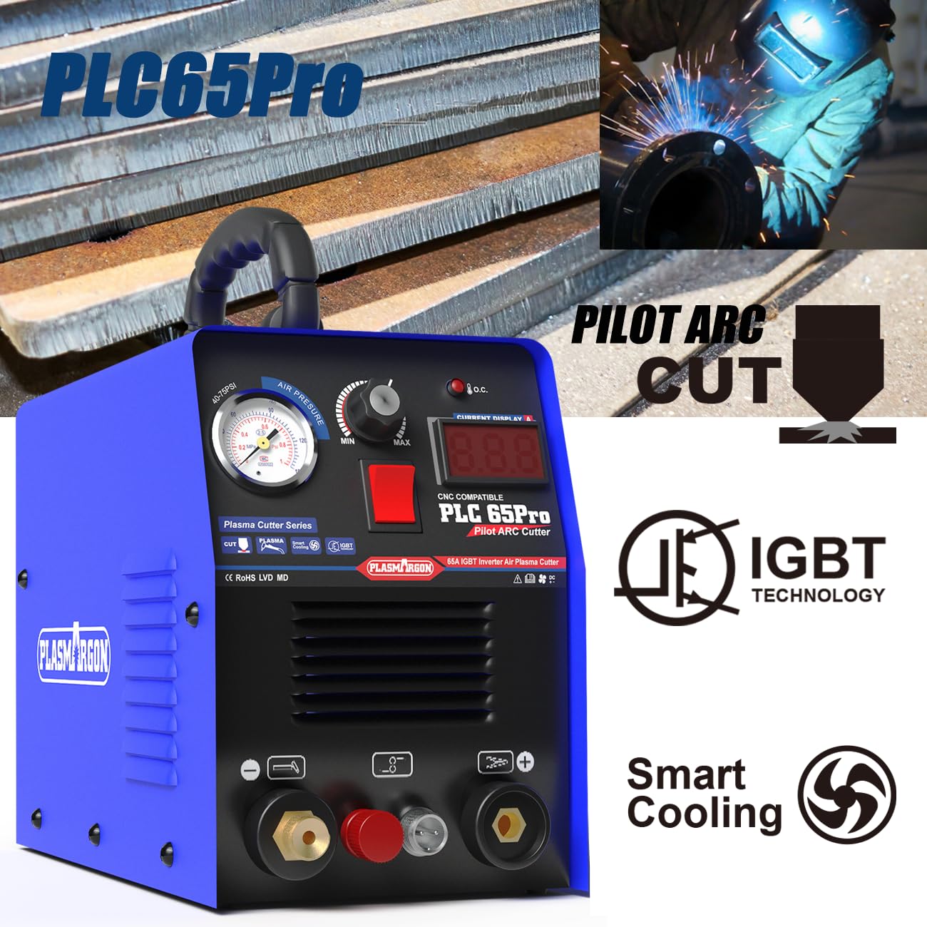 PLASMARGON PLC65Pro Plasma Cutter Machine,65Amps 110V/220V Non-Touch Pilot Arc HF Air Power, Inverter IGBT 3/5'' Inch Clean Cut LED Digital Display Plasma Cutting Equipment