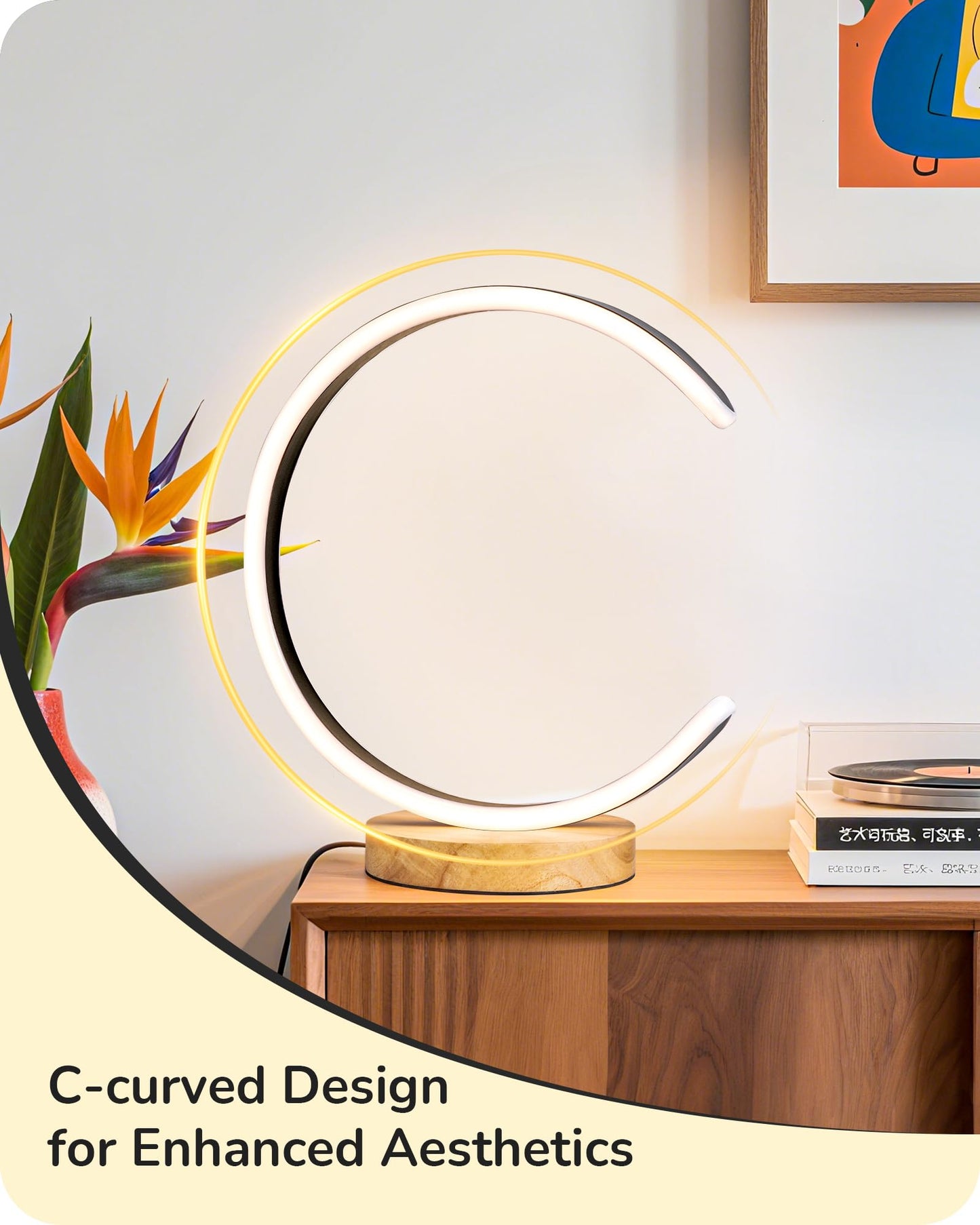 EDISHINE LED Table Lamp, C-Shaped Modern Lamps for Nightstand with 3 Color Temperature & Dimming, Upgraded Switch, Silicone Lampshade & Solid Wood Base, Bedside Lamp for Living Room, Bedroom, Black