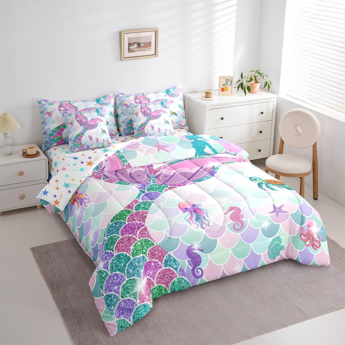 Ocean Mermaid Queen Comforter Set with Sheets | Nautical Sea Animal Kawaii 7 Piece Bedding Set Mermaid Gifts for Girls Jellyfish Sea Turtle Bed in a Bag, Glitter Sequins Print Fish Scale Room Decor