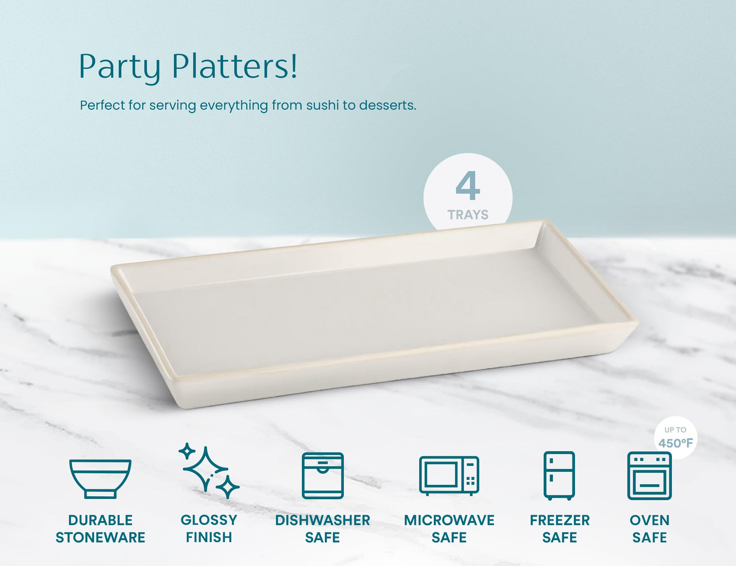 KooK Serving Platters and Trays, Trays for Serving Food, Ceramic 11 Inch Rectangular Serving Trays, Platters for Food at Parties and Entertaining, Microwave, Dishwasher Safe, White, Set of 4