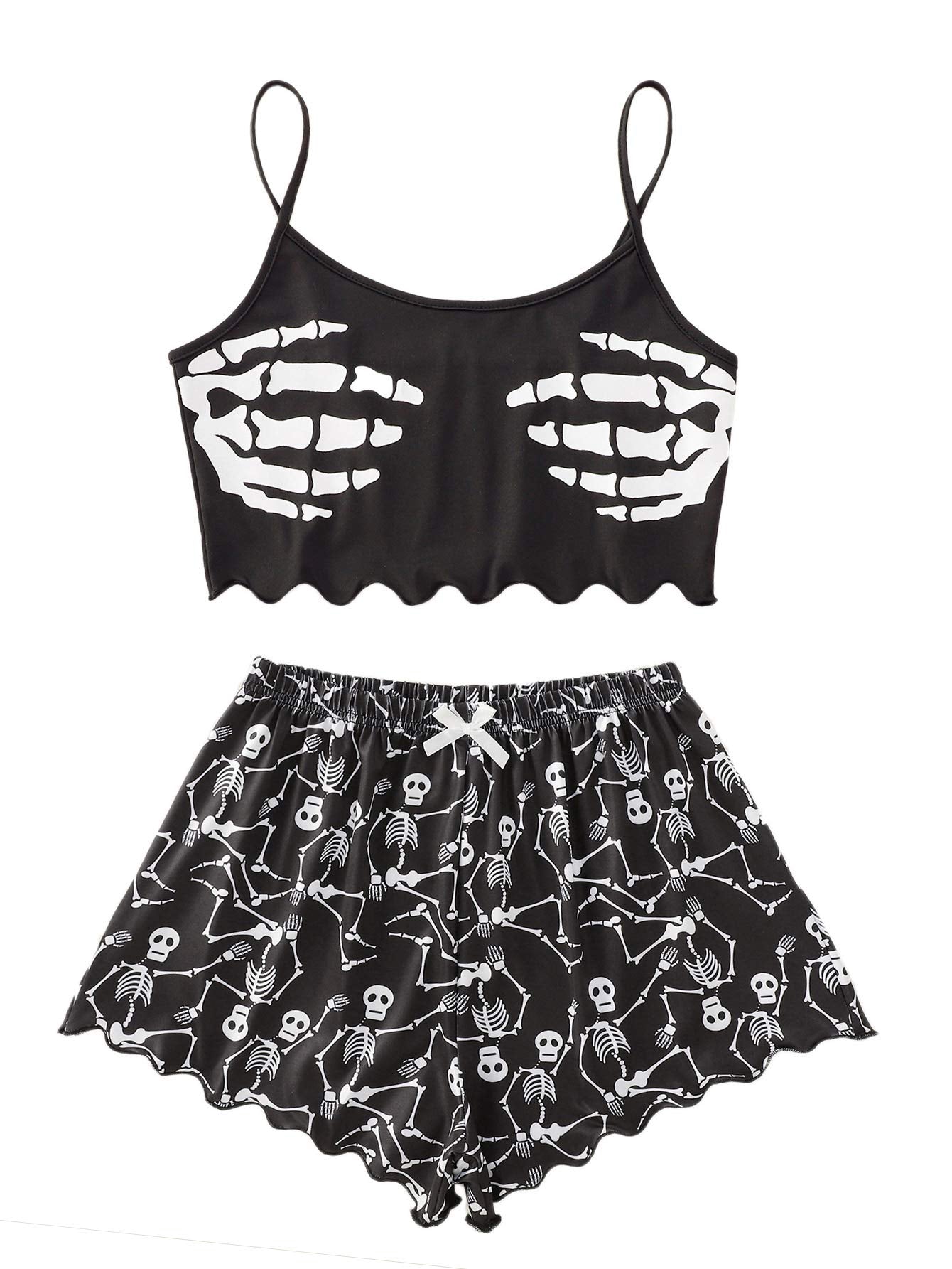 SweatyRocks Women's Summer Cute Printed Cami Top and Shorts Pajamas Set Sleepwear Skull Black M