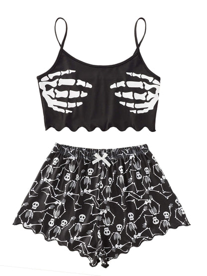 SweatyRocks Women's Summer Cute Printed Cami Top and Shorts Pajamas Set Sleepwear Skull Black M