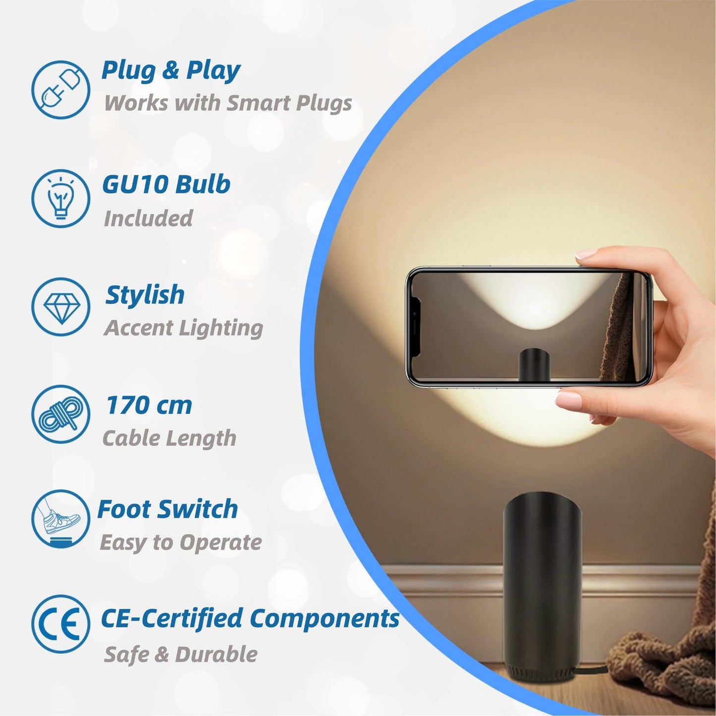 HUAEU 2 Pack Up Lights Indoor Floor Can Light, 6W 3000K GU10 LED Spotlights, Indoor Uplights for Home Accent, Plant, Artwork, 5.9FT Plug Cord & Foot Switch, Black