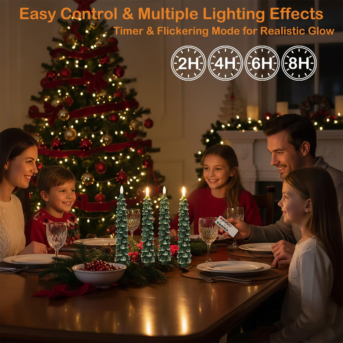 FYBW Christmas Tree Flameless Taper Candles with Remote Timer,4 Pcs Green LED Taper Candles with 3D Flame for Holiday Decorations (Snowy Green B)