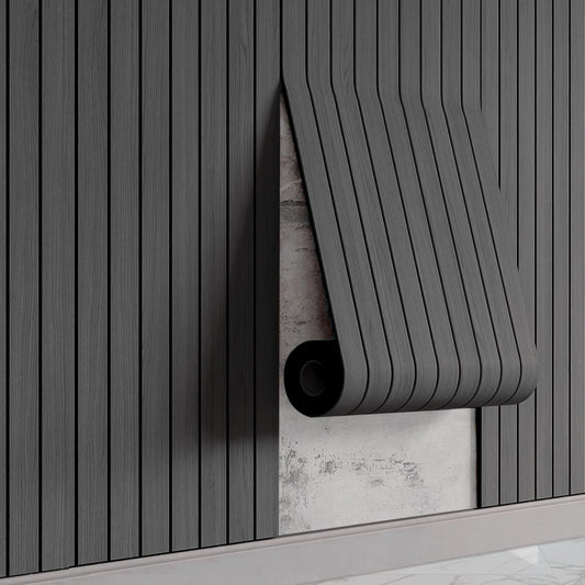 WaveSpace Self-Adhesive PVC Slat Wall Panels, Peel and Stick Wood Panels 118"x15.75", Thick Faux Black Oak Wood Grain Wallpaper Panels 3D Soundproof Wall & Ceiling Panels Decorativos para Pared