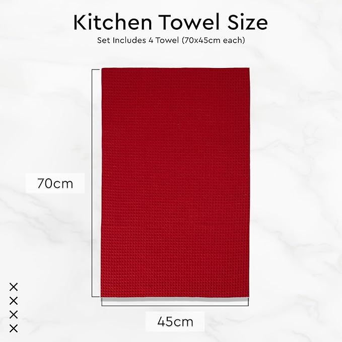 Encasa XO Kitchen Dish Towels Set | Red | Waffle Weave and Flat Hand Tea Towel