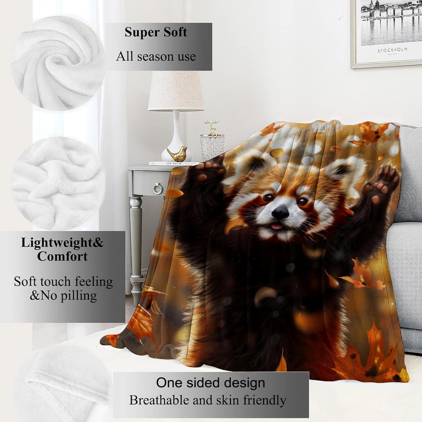 VODRM Red Panda Blanket Cute Autumn Leaves Fall Throw Blankets,Birthday Gifts for Kids Adult & Wildlife Fans,Lightweight Soft Fleece with Animal Lovers,for Sofa Couch Bed Room Decor 50x60in