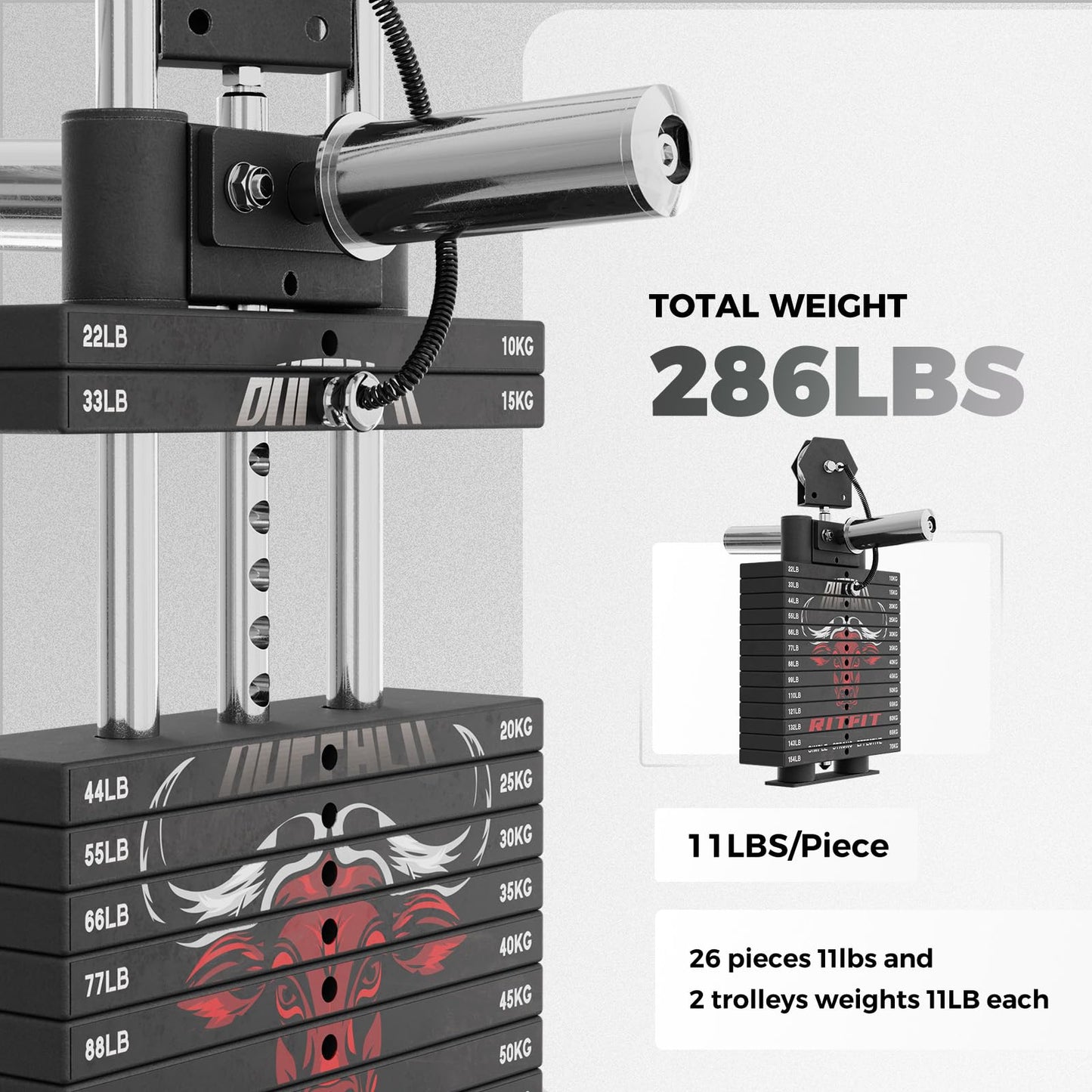 RitFit Buffalo Smith Machine Package, All-in-One Power Cage with Weight Stack , Power Rack with Cable Crossover & Leg Press Attachment for Home Gym(Black,BP260)