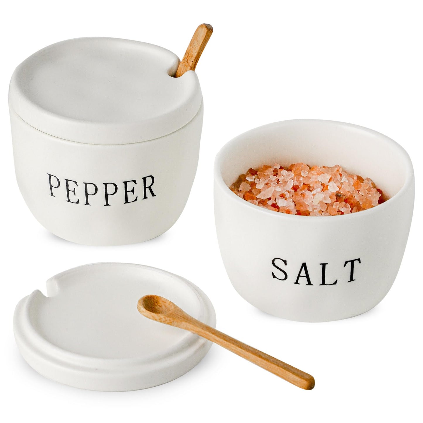 Howise 2 Pack Salt and Pepper Bowls Set, Ceramic Salt and Pepper Containers with Lid and Spoon, White Salt Pepper Holder Set, Salt Box Dish with Lid